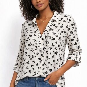 Zara Cream Button-Down Shirt with Black Floral Print